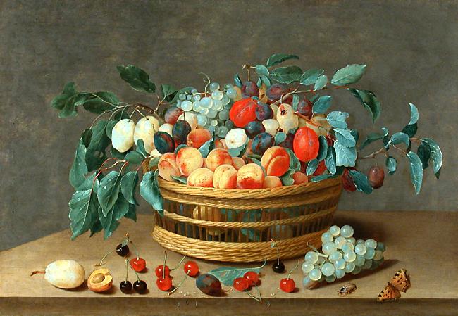 Isaak Soreau Basket with fruit and plum leaves Norge oil painting art